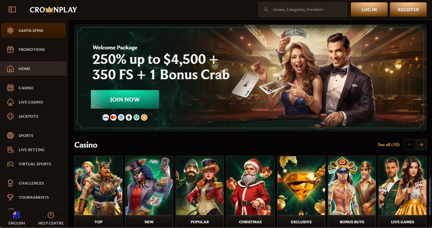 Crownplay frontpage with a banner displaying a 250% welcome bonus with PayID deposit