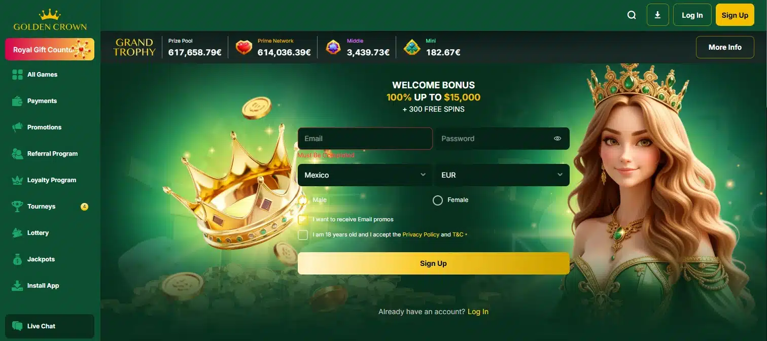 Golden Crown frontpage displaying a banner with a 100% bonus and a sign up form