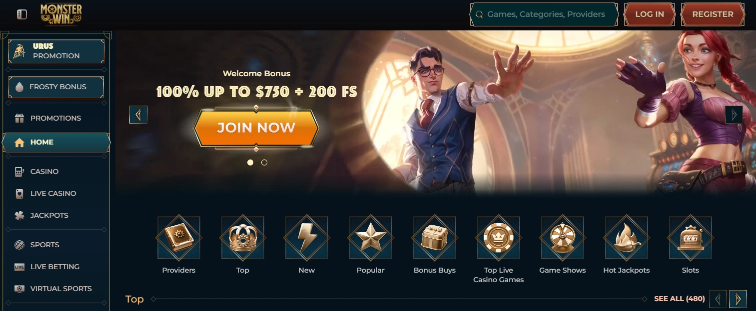 Monsterwin frontpage with a menu on the left and a banner displaying a 100% welcome bonus